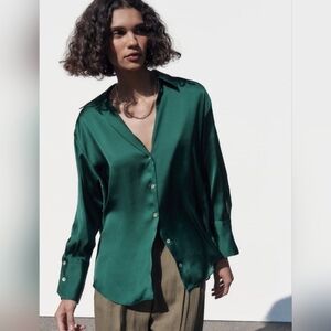 Zara Emerald Satin Button Down Shirt
